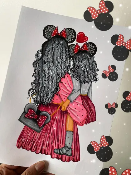 Another take on a mother-daughter illustration, this time with a Minnie Mouse theme. The mandala pattern is hidden in their mouse ears, adding a unique and personal touch to the drawing.