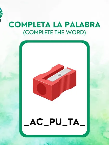 What is the Spanish word for sharpener? This flashcard asks you to complete the word '_AC_PU_TA_'.