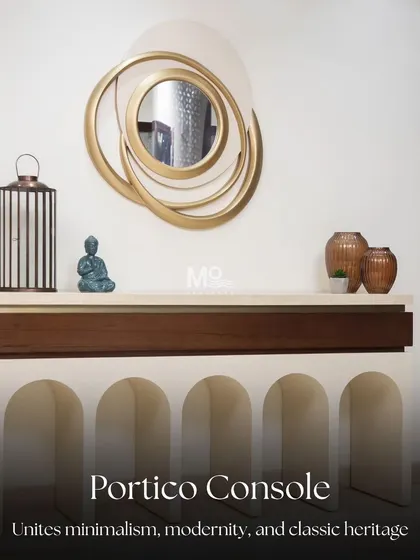 The Portico console, inspired by the timeless architecture of ancient Rome. Creamy ivory arches contrast with rich wood and a luxurious Italian marble top, making a bold yet refined statement in an entryway or living room.