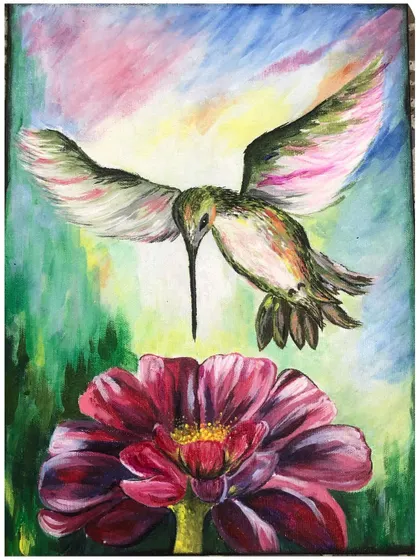 A beautiful canvas painting of a hummingbird hovering over a flower. This piece showcases skills in capturing movement and the delicate details of nature.