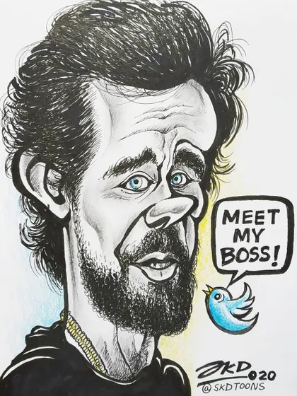 My caricature of Twitter founder Jack Dorsey, drawn to show appreciation for his billion-dollar donation to pandemic relief efforts. The little Twitter bird calls him "boss."