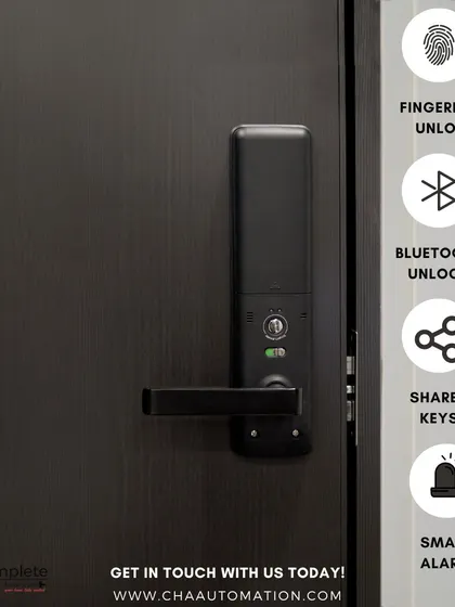 Our digital door lock offers multiple secure access methods. You can use your fingerprint, a Bluetooth connection from your phone, shared digital keys for guests, or the smart alarm for added security.