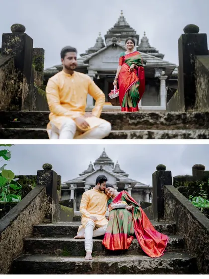 A collage from a traditional pre-wedding shoot at a stone temple, showing both a creative composition and an intimate, seated pose.