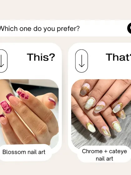 A poll for our followers, asking them to choose between a delicate blossom nail art and a bold chrome and cat-eye design. We teach both styles.
