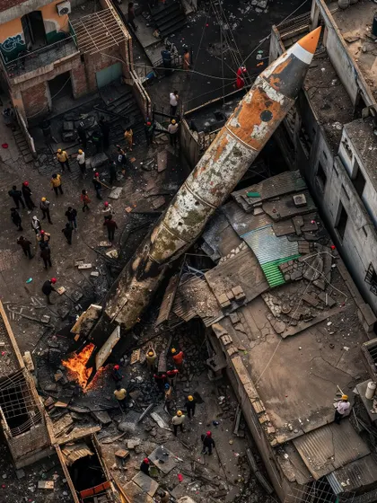 An aerial view of another rocket crash in 'Rocketganj', this time on a building's rooftop. The series repeatedly emphasizes that this is a normal, accepted part of life here.