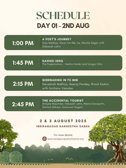 The afternoon schedule for Day 1 of BPF 2025, covering a poet's journey, puppetry, and the connection between cinema and poetry.
