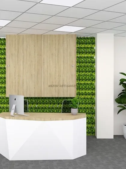 A reception area concept featuring a geometric front desk, vertical garden walls, and wood paneling. This design creates a fresh, modern, and welcoming first impression for visitors.