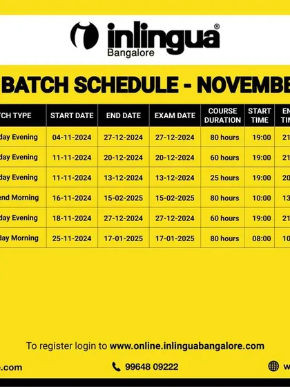 Here is our November 2024 schedule, with weekday and weekend batches for German, Spanish, English, and French.