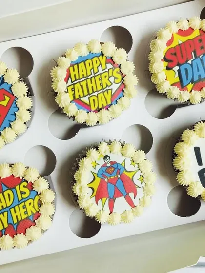 For Father's Day, I help you celebrate your hero with these fun, custom cupcakes. Each one features a unique "Super Dad" design, making it a sweet and personal way to show him you care.