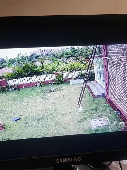 The view from a camera monitoring a large backyard, showing the clarity and coverage area.
