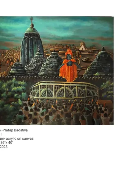 A still image of the painting 'I,' offering a clear view of the intricate details in the temple architecture and the crowd below.