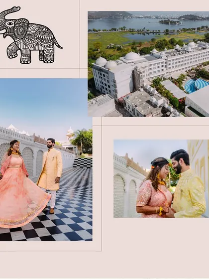 A collage capturing the essence of a destination haldi in Udaipur, including an aerial shot of the venue and candid couple portraits.