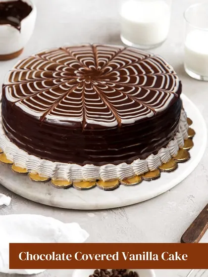 A classic combination of flavors, this Chocolate Covered Vanilla Cake features a delicate vanilla sponge covered in a rich, glossy chocolate ganache. The spiderweb design on top adds a touch of elegance.