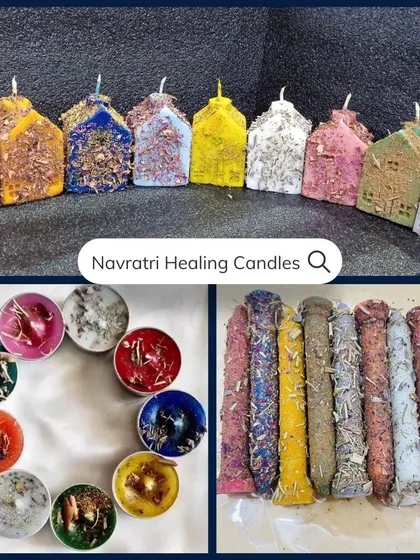 Here is my full range of Navratri candles. I make them as taper candles, tealights, and house-shaped candles, all in the nine auspicious colors.