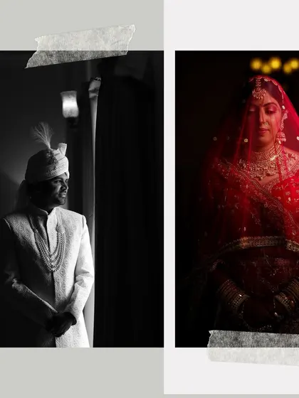 A simple yet powerful black and white diptych of the bride and groom in their separate moments of anticipation. The images create a sense of connection even when they are apart.