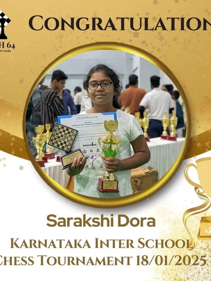 We are proud to foster talent across all categories, including a strong contingent of female players. Here, our student Sarakshi Dora celebrates her win at the Karnataka Inter-School Chess Tournament, a testament to her skill and our inclusive environment.