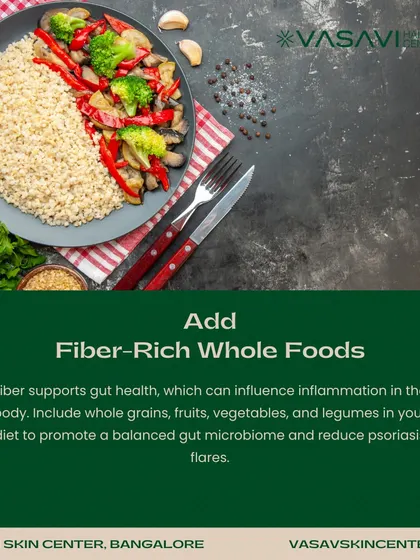 A healthy gut can influence inflammation throughout the body. Eating fiber-rich whole foods like fruits, vegetables, and whole grains promotes a balanced gut microbiome, which can help in reducing psoriasis flares.
