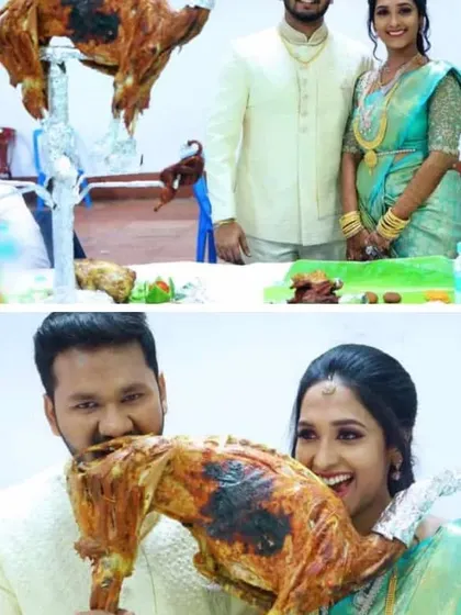 A collage showing the happy couple posing with and enjoying our signature roasted mutton. Pure joy and great food.