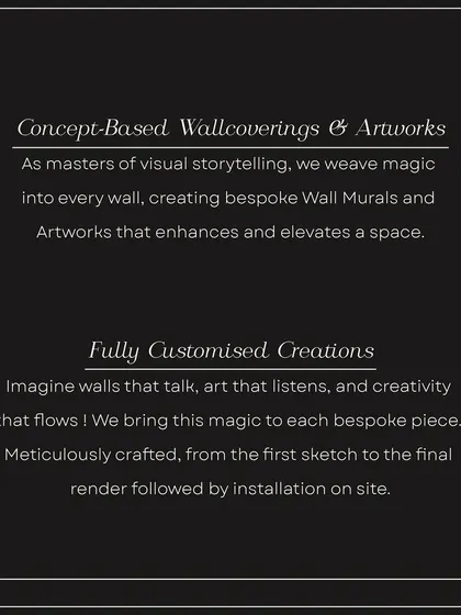 What do we offer? This graphic explains our two core services: Concept-Based Wallcoverings & Artworks, where we weave magic into walls, and Fully Customised Creations, where we meticulously craft your unique vision.