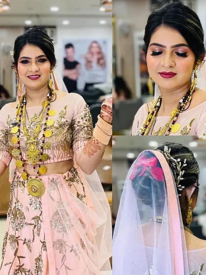A collage showing a soft and pretty party look on a client in a pink lehenga, complete with a beautiful floral hair accessory.
