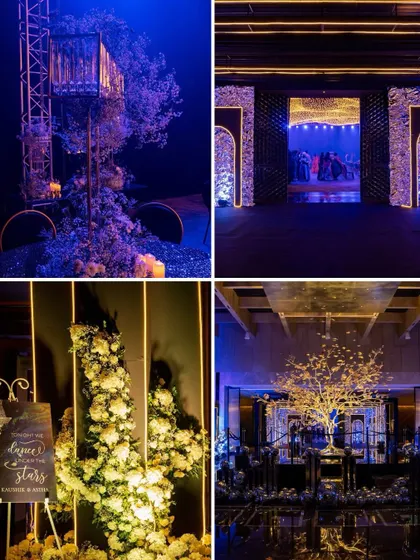 This collage captures the moody and dramatic aesthetic of a 'Starry Night' themed Sangeet. Details include a tree-like art installation, a glowing entrance, and floral arrangements under deep blue lighting.