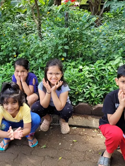 Fun and playful moments during our outdoor kids yoga class. Making funny faces is a great way to release tension and just be silly together.