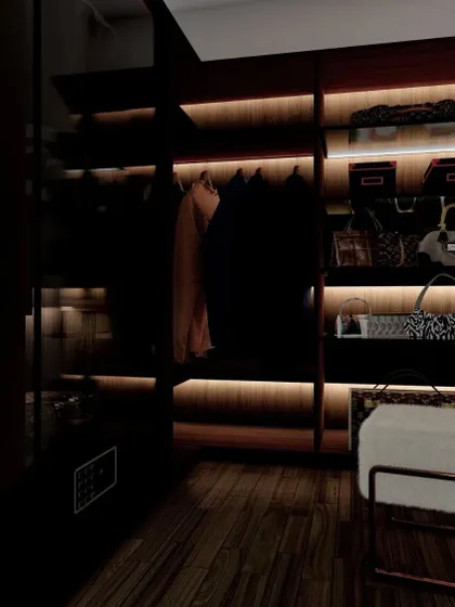 A duplicate of 95, showing a luxurious walk-in closet design with dark wood and integrated backlighting, perfect for organizing clothes and accessories.