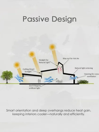 A diagram explaining the principles of passive design. Smart orientation, deep overhangs, and openings for cross-ventilation are used to reduce heat gain and keep interiors naturally cooler and more efficient.