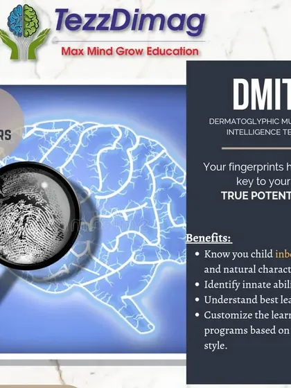 An infographic on our DMIT (Dermatoglyphic Multiple Intelligence Test), which helps identify your child's inborn talents and best learning style through fingerprint analysis.