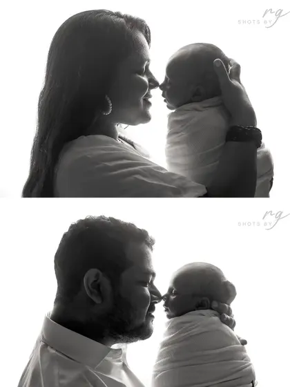 A beautiful silhouette collage of new parents with their baby. This artistic style creates a timeless and emotional portrait of your new family.