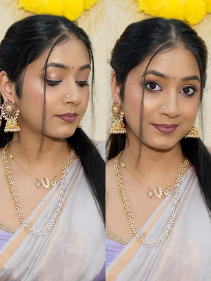 My look for the Sankranti festival. A soft, glowing makeup look with a beautiful lavender saree and traditional jewelry.