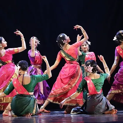 The beauty of a group choreography lies in its patterns and synchronicity. My Chithkala Ensemble performing a piece from "Ṛtú Vismruti," creating a visual poetry of movement on stage.
