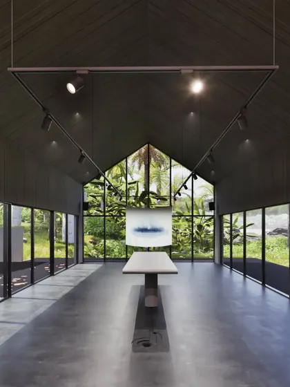 This series of renders explores the artist's residence, inspired by traditional Indian courtyard homes ('thotti mane'). The design features a concrete shell, an open-to-sky courtyard, and an agarbatti niche, fusing modern form with sensory, traditional details that connect the space to both culture and nature.