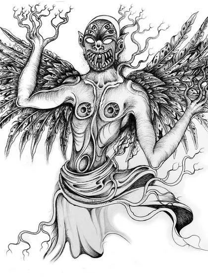 A surreal winged creature with multiple eyes and a terrifying grin. My work often features these kinds of unsettling yet fascinating beings, blending human and monstrous features.