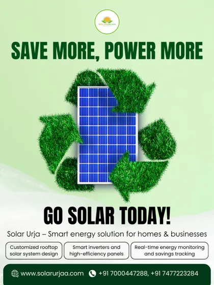 Save more, power more. This graphic highlights our smart energy solutions for homes and businesses, which include customized rooftop design, smart inverters, and real-time energy monitoring.