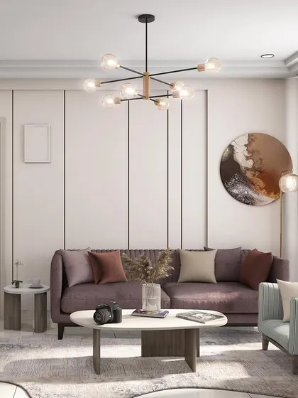 A proposed living room design for a project in Greater Noida. This concept features a modern sofa, a minimalist coffee table, and a striking sputnik chandelier, creating a chic and contemporary feel.