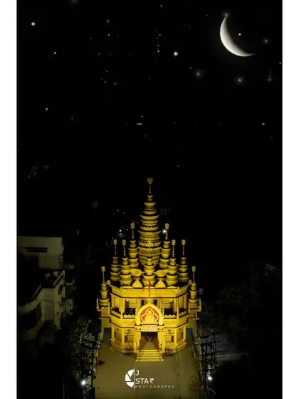 This stunning golden Durga Puja pandal in Prayagraj looks magical at night. Night shoots are a challenge, but the results are always worth it.