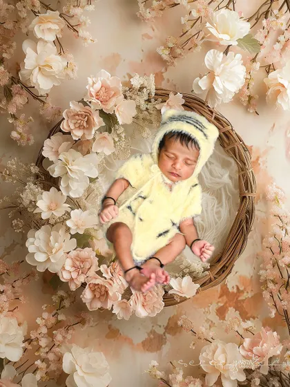 An example of an AI-edited image, where a newborn is placed in a dreamy, floral digital background. This allows for endless creative possibilities.