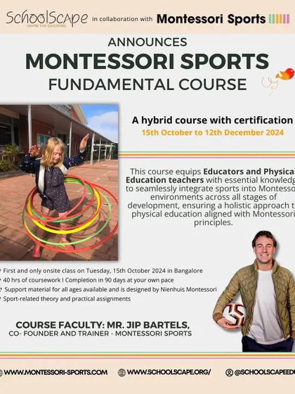 A flyer announcing our hybrid Montessori Sports course, which equips educators with the knowledge to seamlessly integrate sports into their environments.
