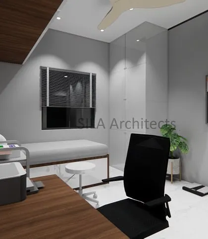 A patient examination room concept, designed to be clean, comfortable, and equipped with all necessary furniture and privacy considerations.