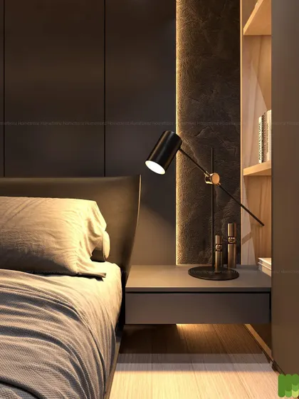 A close-up of a bedside table with a modern, adjustable lamp. This detail shot highlights the focus on creating a functional and atmospheric space for reading and relaxing.