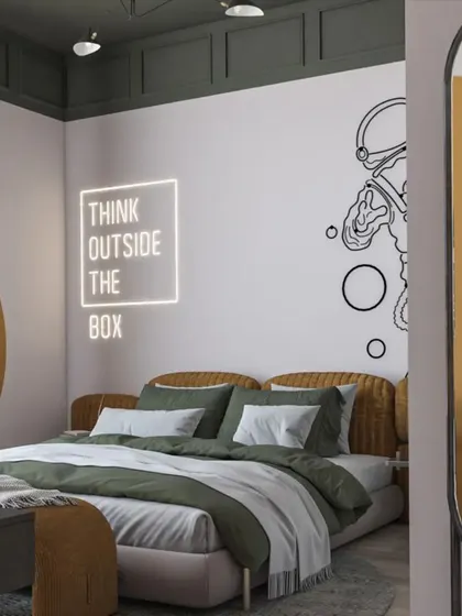 An imaginative space-themed room designed to inspire curiosity. The "Think Outside The Box" neon sign and astronaut wall decal encourage big dreams, while the color scheme is modern and cool.