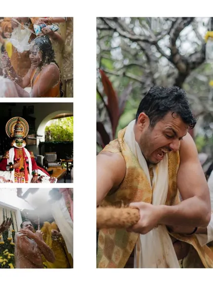 A collage from a rainy Kerala Haldi, showing the mix of traditional Kathakali performers and the wild, water-soaked fun the couple had, embracing the weather.