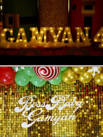 Details from a Boss Baby themed party, including a gold sequin backdrop with the "Boss Baby" name and light-up letters for the birthday boy.
