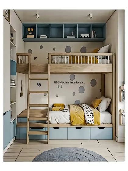 A cozy and cute bunk bed design in a soft blue and yellow color scheme. The polka dot wall decal is a simple way to add a playful pattern, and the drawers under the bottom bunk are great for storing extra bedding or toys.