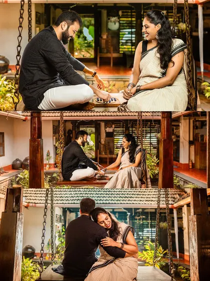 A collage of a couple sharing intimate moments on a traditional wooden swing in a heritage home. These photos capture playful and tender interactions in a beautifully rustic setting.
