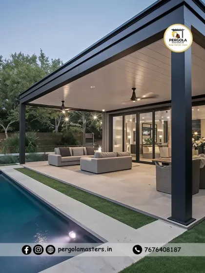 We transform poolside areas into luxurious retreats. This modern pergola features a solid roof and a robust MS steel frame, providing the perfect balance of shade and style for all-day relaxation and entertainment by the water.