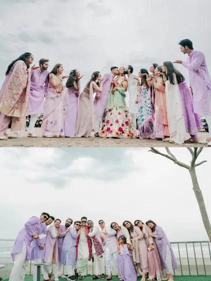 A collage of the "bride squad" and "groom squad" having fun with the couple during the Haldi ceremony, showcasing the importance of friends and family.