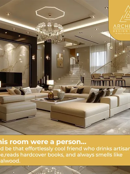 An example of a grand, luxurious living room with a double-height ceiling, a large sectional sofa, and a statement chandelier, creating an effortlessly cool vibe.