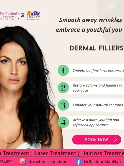 A promotional graphic summarizing the benefits of dermal fillers, such as smoothing fine lines, restoring volume, and enhancing facial contours.